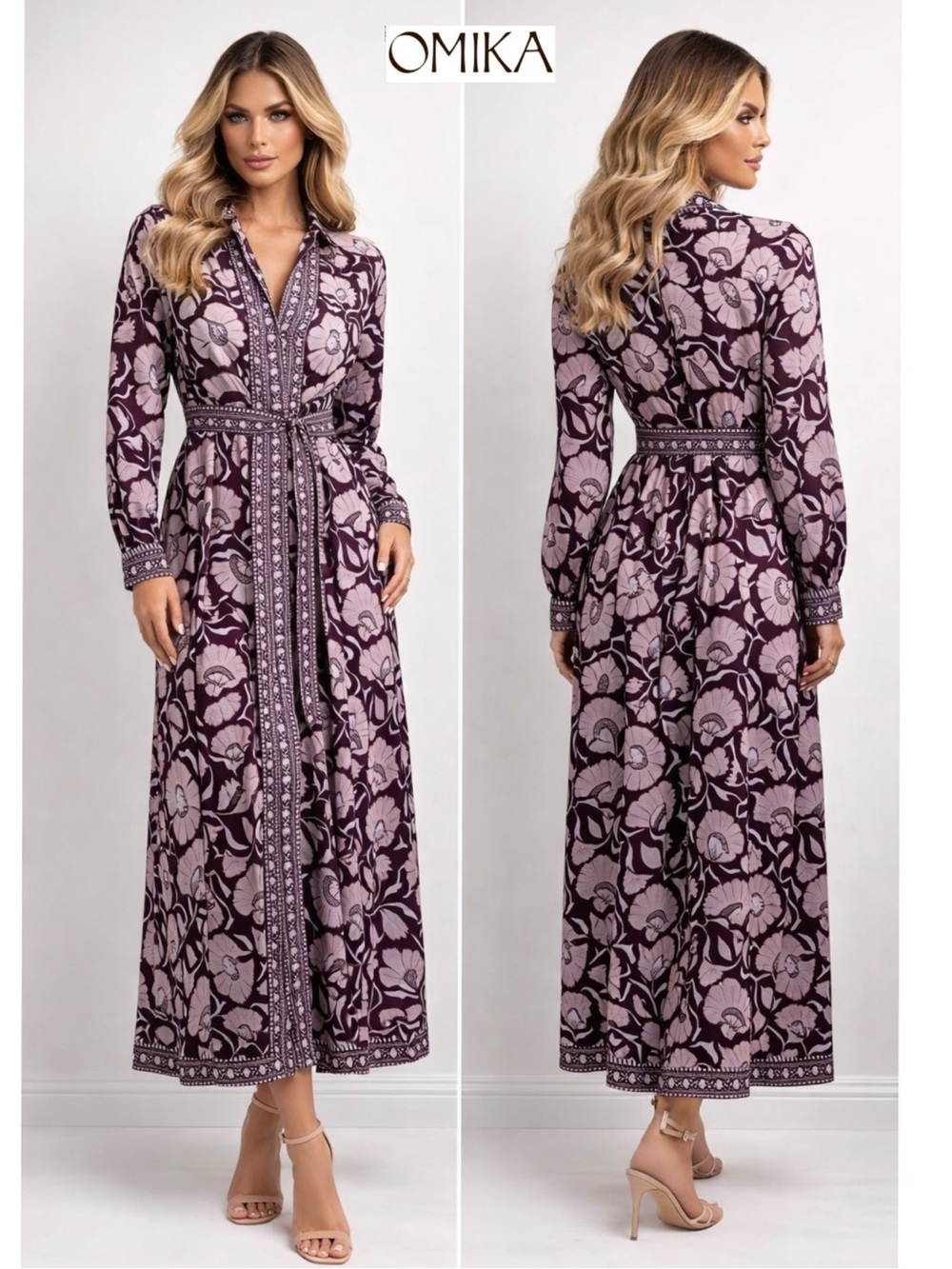 Omika Palma Floral Maxi Shirt Dress Maha Eggplant XS Button Down Kaftan Kimono